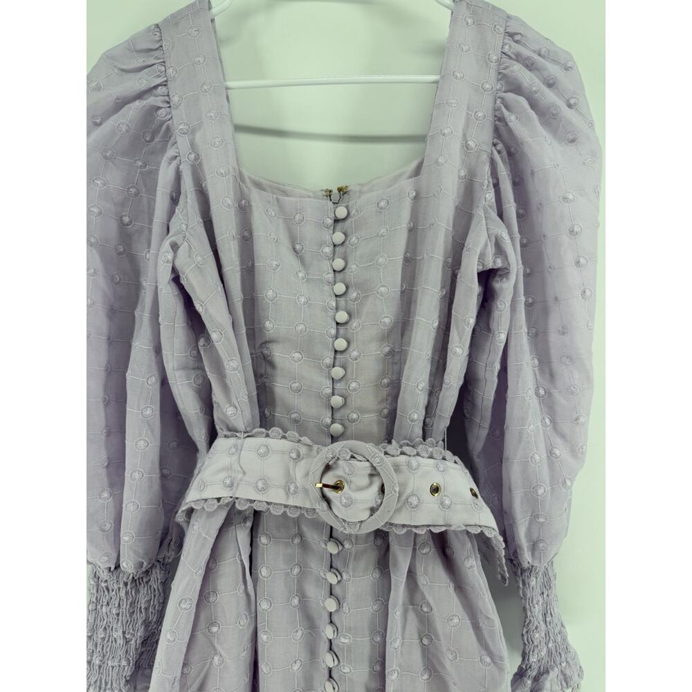 SABO Belted Larose Dress Lilac Square Neckline Puff Sleeves Vintage Flair Size 4 - Picture 3 of 11